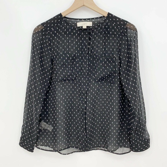 Loft Petite Utility Blouse SP Black Chiffon Sheer White Dot Minimalist Office - Picture 2 of 8